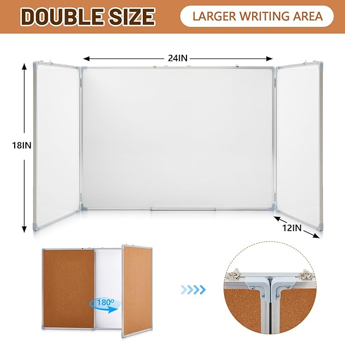 Mooliwe 48"x18" Tri-fold Cork Board Whiteboard Combo, Foldable Combination Magnetic Dry Erase Bulletin Board & Corkboard with Aluminum Frame Wall Mounted for Home, Office and School(Wood)