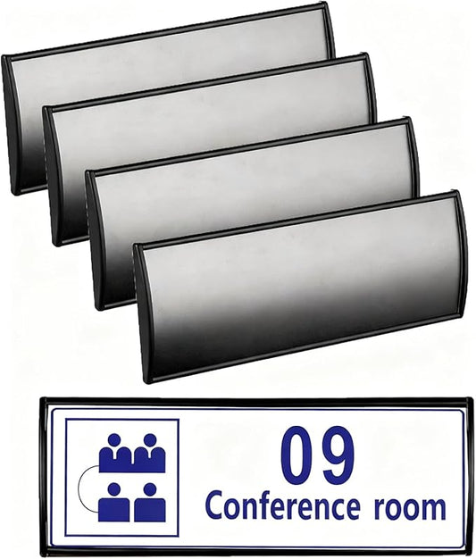 SINKAA 5Pcs Office Name Plates Holder for Doors, 3” X 8” Curved Wall Mount Door Sign Holder, Black Aluminum Sign Holder for Office Wall with Plastic Film and Adhesive Tape