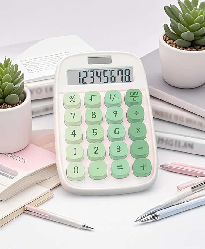 Mechanical Calculator,BTSEYAW Dual Power Calculator with 8 Digit Display tilt Screen and Big Buttons, Cute Office Desk Accessory (Green)