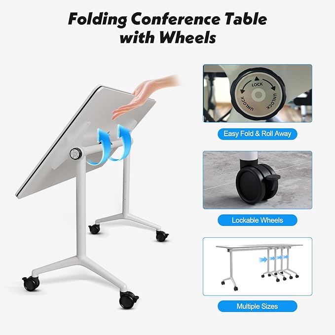 Goakwwuz Conference Room Table, Folding Conference Tables,Thicken Grey Tabletop,Flip Top Wooden Seminar Meeting Room Table for Conference Room Offices (10, White, 70.8”)