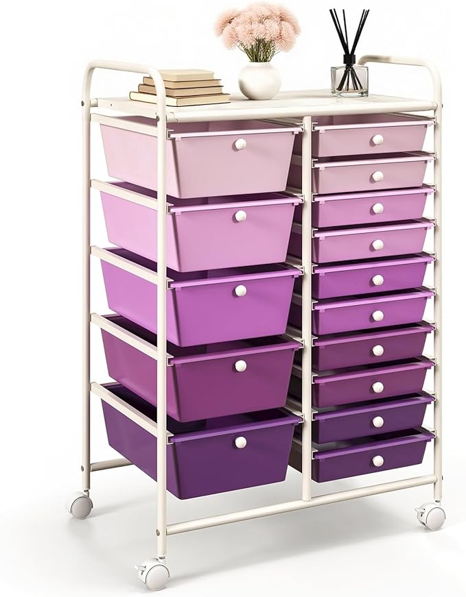 DORTALA 15-Drawer Rolling Storage Cart with Drawers, Rolling Utility Cart w/Removable Drawers & Universal Wheels, Tools Scrapbook Paper Organizer for School, Office, Home, Classroom (Gradient Purple)