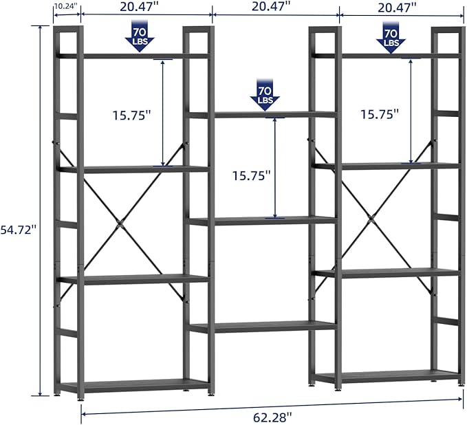 NUMENN Triple Wide 4 Tier Bookshelf, Adjustable Rustic Industrial Style Bookcases with 11 Open Display Shelves, Modern Tall Bookcase Furniture for Bedroom, Living Room and Home Office, Black
