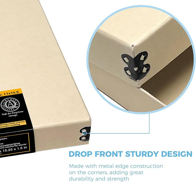 Lineco Museum Archival Storage Box, 11.75x15.25x1.5 in. Drop Front Design. Acid-Free with Metal Edge. Organize Photos, Pictures, Prints, Documents, Crafts, DIY. Tan, 2 Pack