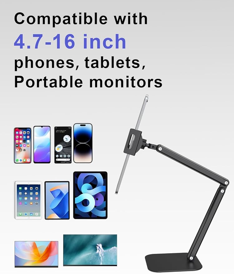 Tablet Stand for iPad, Aluminum Multi-Angle Adjustable Tablet Holder, Heavy-Duty Metal Base for Desk, Compatible with 5.1''-13'' iPad Pro, Surface, Kindle, Tablets, Portable Monitors and More