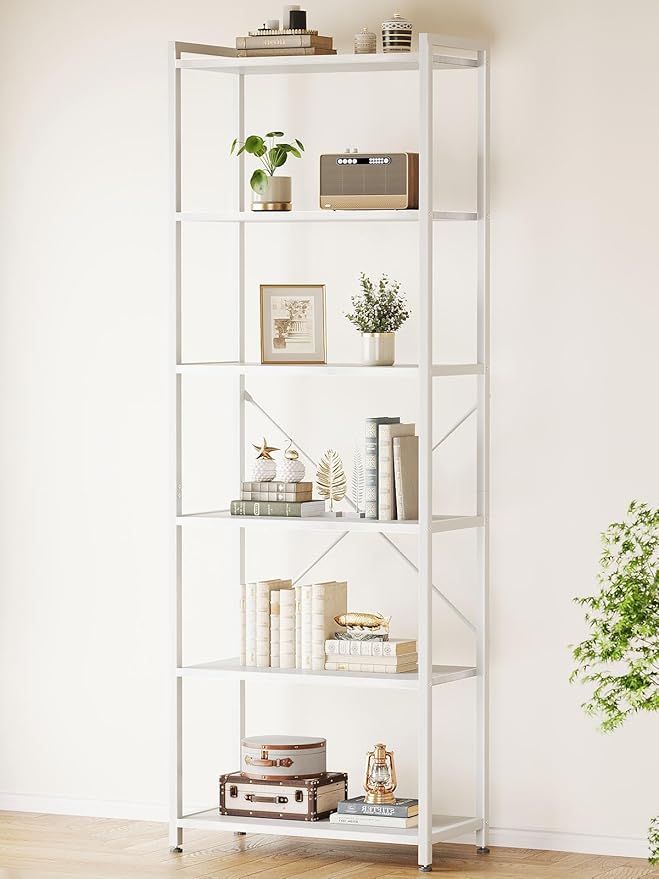 Casaottima Book Shelf, 6 Tier Tall Bookshelf, Modern Wood Bookcase Shelves for Bedroom, Industrial Display Shelf for Living Room Home Office Kitchen, Standing Shelving Unit Storage Organizer, White