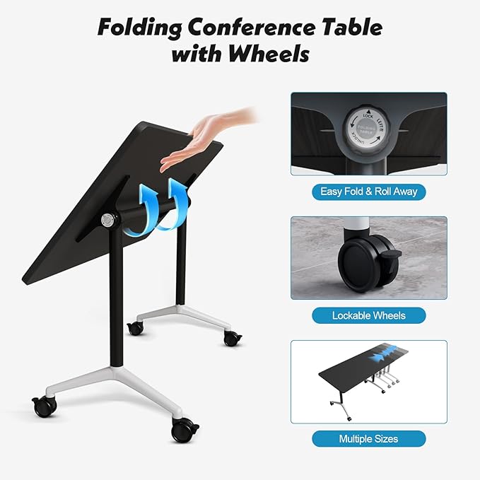 Goakwwuz Conference Room Table, Folding Conference Tables,Thicken Grey Tabletop,Flip Top Wooden Seminar Meeting Room Table for Conference Room Offices (2, Black, 47.2“)