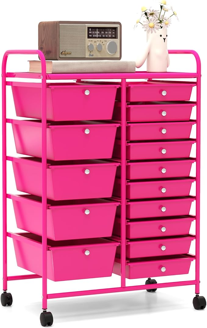 HAPPYGRILL 15-Drawer Rolling Cart, Storage Carts with Removable Drawers & Steel Frame, Utility Cart on Lockable Wheels for Home, School, Office (Hot Pink)