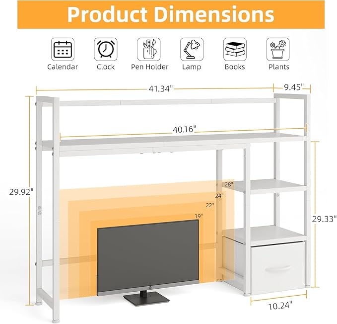 Desk Shelf with Drawer, 41.3" Desktop Organizer Shelf, Desk Hutch for Computer Monitor Max 32", 3 Tier Desktop Display Rack, Wooden Desk Top Bookshelf Storage Rack for Home Office Dorm, White
