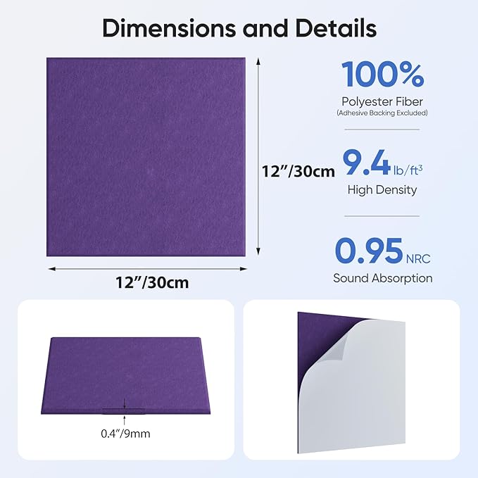 UNECHO 12 Pack 12" X 12" X 0.4" Acoustic Panels for Wall Sound Absorbing, Square Self-Adhesive Sound Panel, High Density Suitable for Multiple Scenarios(Violet)