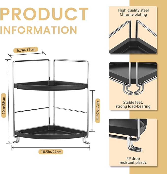 JANUS LiANG 2-Tier Bathroom Organizer Countertop Corner - Makeup Organizer Cosmetic Perfume Holder Bedroom Storage Shelf or Kitchen Spice Rack (Chrome + Black)