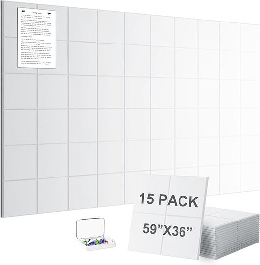 G Gamit Large Felt Wall Tiles Bulletin Board 59”x36”,Large Cork Board Alternative with 60 Pushpins, 15-Pack Felt Pin Board with 112 Safe Removable Adhesive Tabs for Home Office School (White)