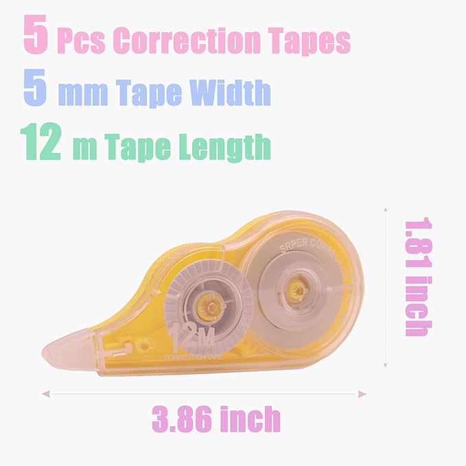 Tramboo 5 Pcs 39.4 Ft Colorful Correction Tape, White Wrong Out Tape Roller Bulk for Noting, Teacher Supplies, School, Office and Home (5 Colors)