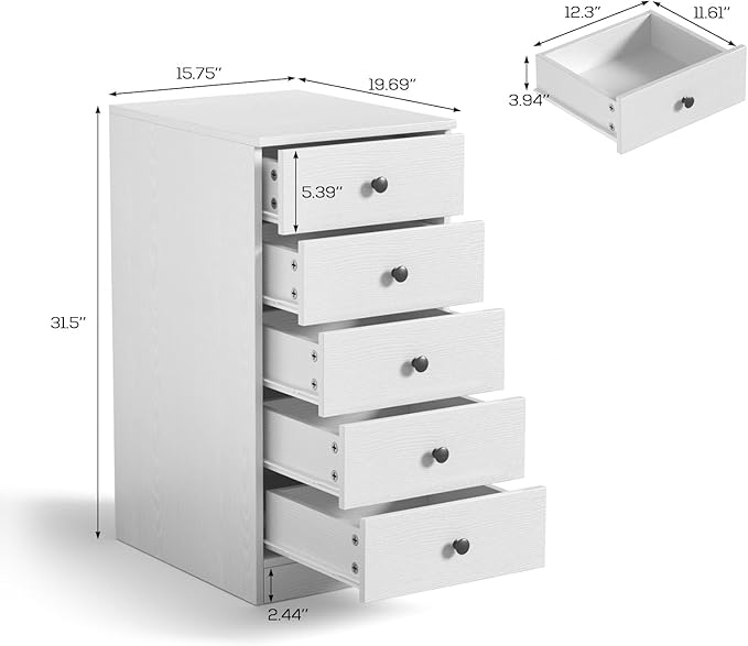 TUSY 5 Drawer File Cabinet - 31.5" H Wood Vertical Filings Chest Under Desk, Classic File Storage Cabinet for Home Office, Small Printer Stand with Drawers, 15.75" W x 19.69" D x 31.5" H, White
