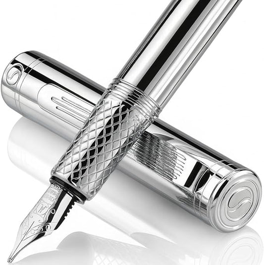 Scriveiner Silver Chrome Fountain Pen (Medium), Award Winning Luxury Pen, Heavy Pocket Pen, Chrome Finish, Schmidt Nib, Converter, Best EDC Writing Pen Gift Set for Men & Women, Nice Office Fancy Pen