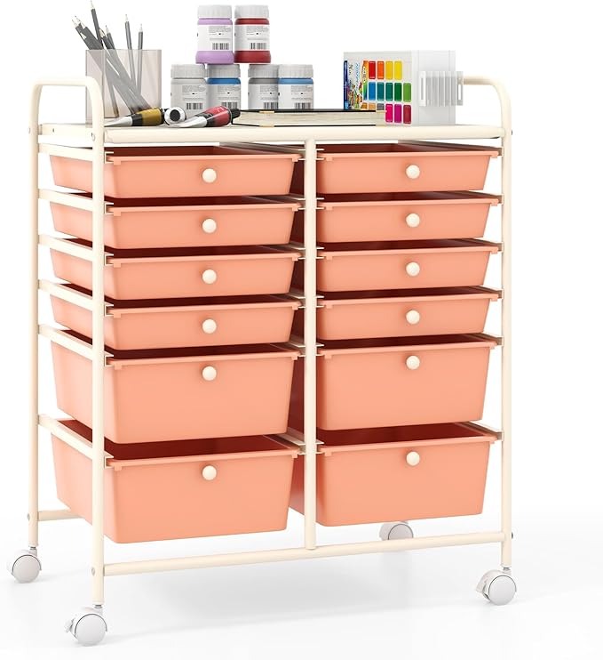 Giantex 12 Drawers Rolling Storage Cart, Classroom Organizers with Wheels for Tools Scrapbook Craft Paper Teacher Office School Supplies (Peach Fuzz)