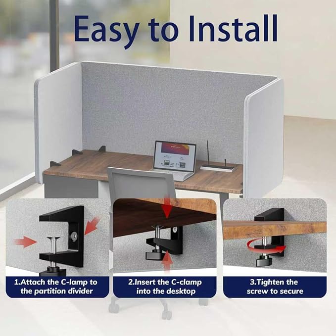 KERRAM Desk Privacy Panel 24 x 60 Inch, Sound Absorbing & Proof Desk Divider for Office, Clamp-on/Screw-on Acoustic Desk Back Panel Partition, Gray