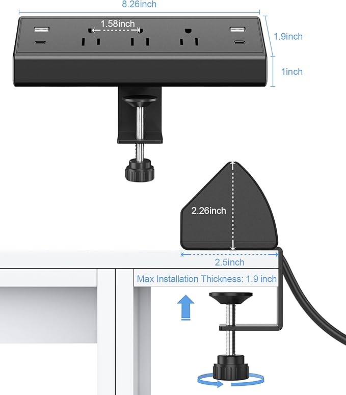 Desk Clamp Power Strip,40W Fast Charging Station,Desktop Mount Surge Protector,2 PD 20W USB C Ports,3 Outlets for Home,Office,Fit 1.9" Tabletop Edge (Black, 3 Outlets & 4 USB Ports & 15 FT Cable)