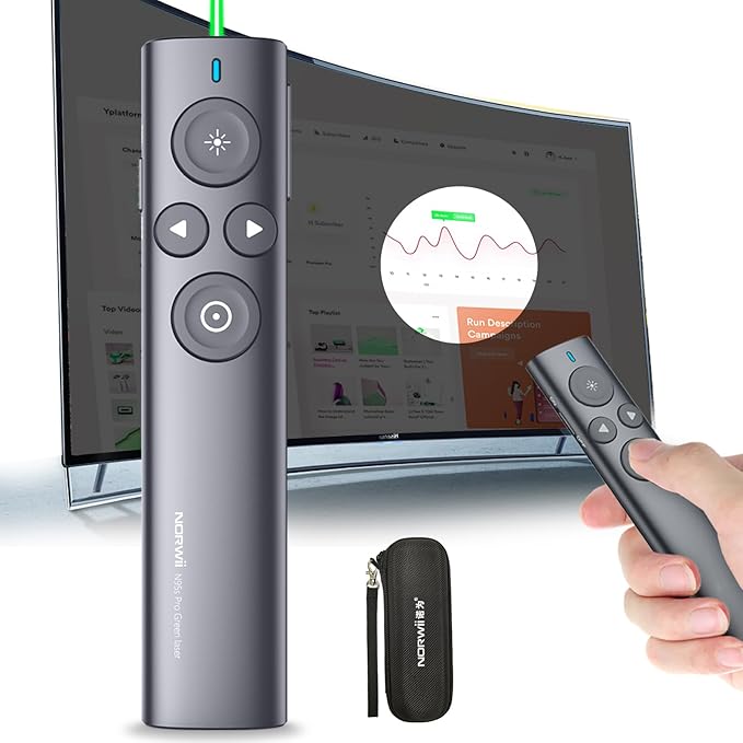 Norwii Presentation Clicker with Digital Pointer for TV LED LCD Screen, Presentation Remote, Slide Clicker, Wireless Presenter with Highlight, Magnify, Mouse Left Click - N95s Pro 32G(Green Light)