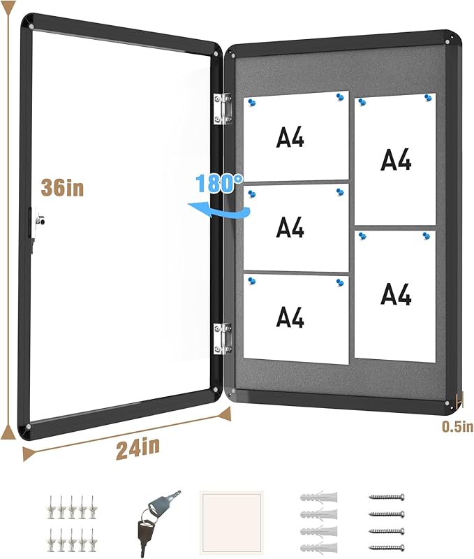 Mifuro 36"x24" Enclosed Bulletin Board, Lockable Weather-Resistant Aluminum Cork Noticeboard for School & Office, Black Frame w/Grey Flet