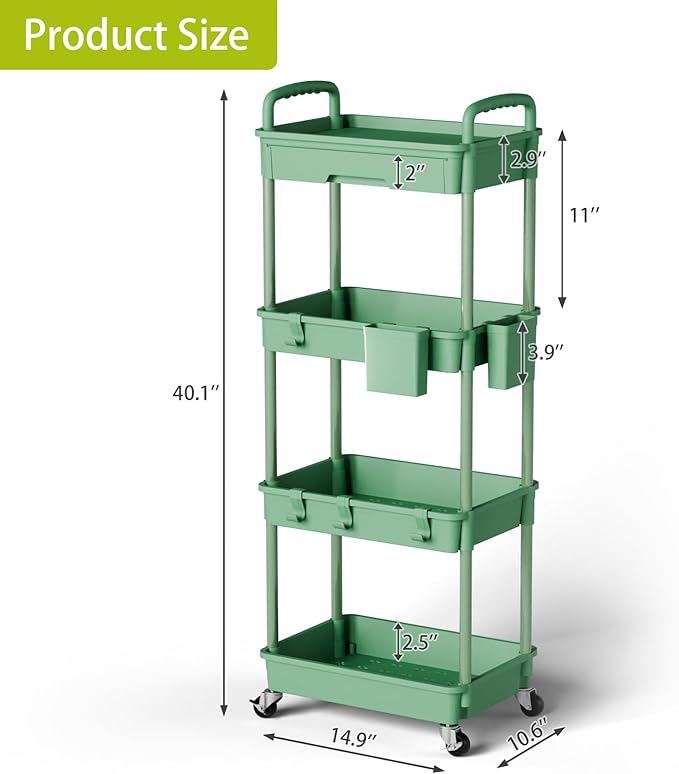 Sorgion 4 Tier Rolling Cart Organizer,Art Craft Diaper Bedside Snack Laundry Room Bathroom Organizer Narrow Thin Slim Rolling Trolley Utility Cart with Wheels for Kitchen,Office(Green)