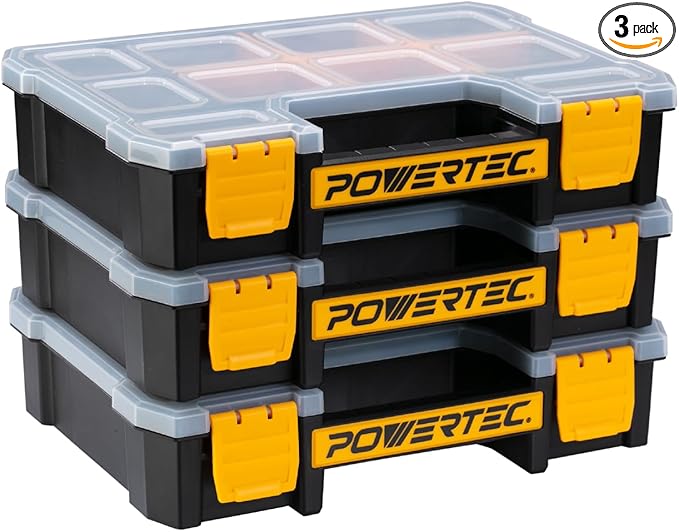 POWERTEC Small Parts Organizer & Tool Box – 10 Compartments, Stackable Storage with Removable Dividers, Clear Lid, Portable Design, 3-Pack (72117-P3)