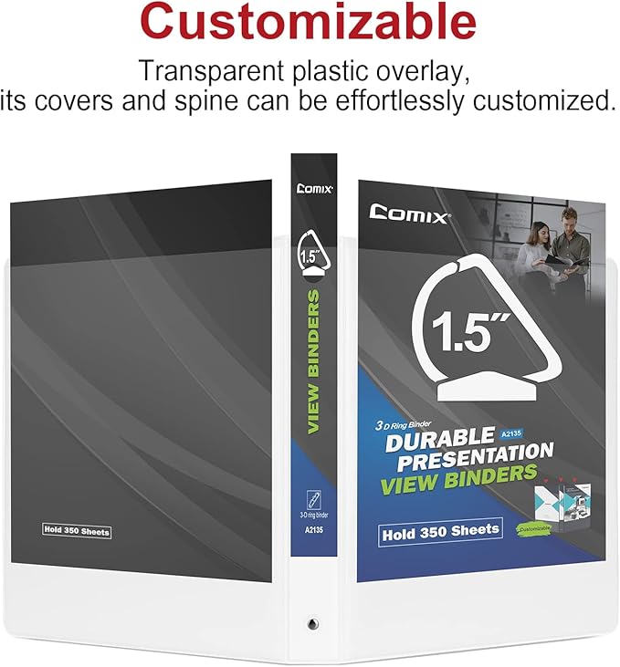 Comix Sturdy 1.5 Inch D-Ring Binders, 1.5'' 3 Ring Binder with Clear View Cover, 2.4mm-Thick, 1-1/2 Inch Rings Holds 350 Sheets of 8.5" x 11" Paper, 6 Packs (White)