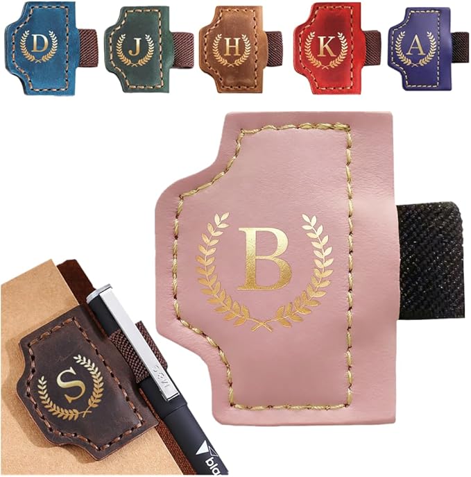 Personalized Mark Bookmark with Pen Holder, Leather Magnetic Book Marker 26 Letters,Custom Initials Page Marks, Gifts for Book Lovers Readers Men Women (Pink, B)
