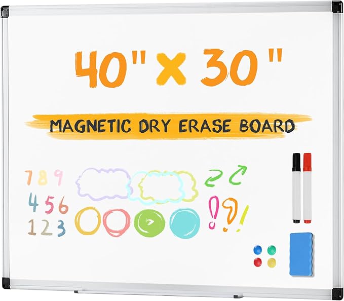 NEWBULIG White Board, 40" x 30" Magnetic Dry Erase Board for Wall with 1 Dry Eraser & 2 Multi-Color Markers & 4 Magnetic Pins, Silver Aluminum Frame for Office, Home, School