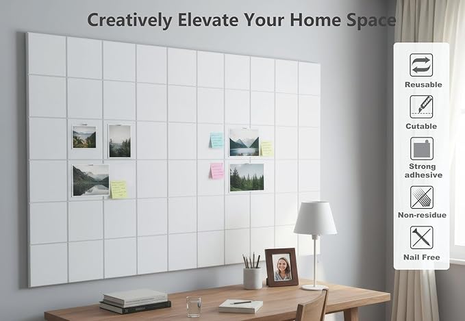 G Gamit Large Felt Wall Tiles Bulletin Board 59”x36”,Large Cork Board Alternative with 60 Pushpins, 15-Pack Felt Pin Board with 112 Safe Removable Adhesive Tabs for Home Office School (White)