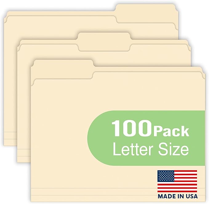 Woodlake Manila File Folders – Letter Size (8.5" x 11"), 1/3-Cut Oversized Tabs, 100 Pack, Heavyweight 120LB/220GSM Durable Paper Folders for Home, Office, School – Made in USA