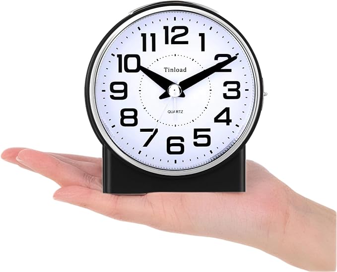 Tinload 4.3" No Ticking Analog Alarm Clock,Silent Readable for Seniors,Easy to Set,Gradual Rise Alarm,Big Numbers,On/Off Switch on Side,Gentle Wake,Snooze,Lighted on Demand,Battery Operated,Black