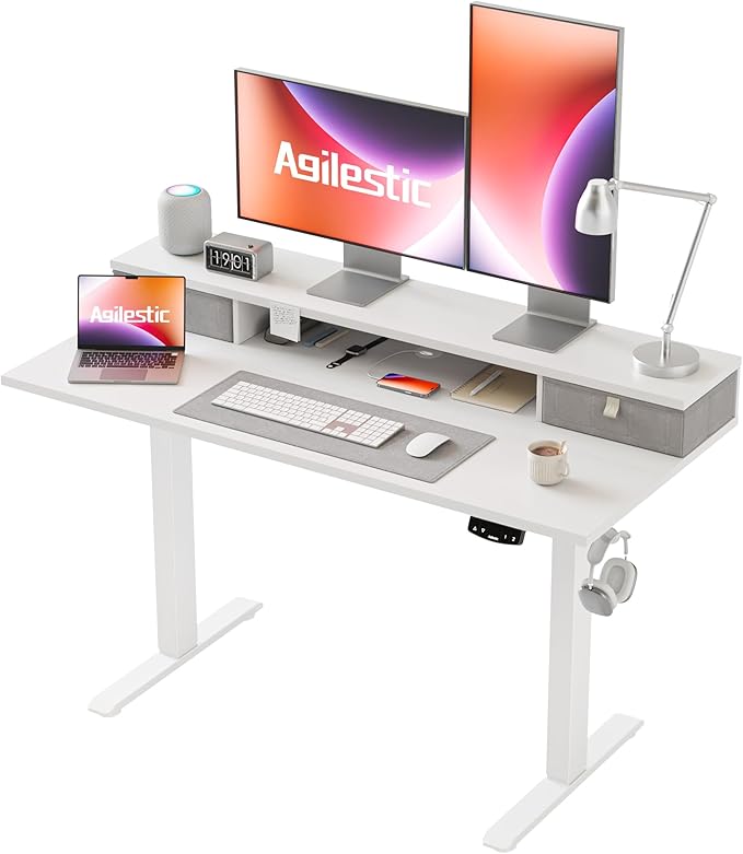 Agilestic 48 x 24 Inches Electric Standing Desk with 2 Storage Drawers, Adjustable Height Sit and Stand Computer Table with Splice Board, White