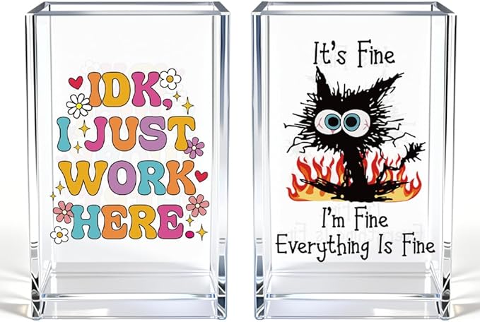 Vgrti Funny Black Cat Work 2 Pack Acrylic Cosmetic Pencil Pen Holder Cup, Cute Office Pen Holder for Desk, Funny Work Burnout Gifts for Coworker Friend, Office Sarcastic Gifts for Women Colleague Boss
