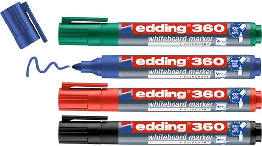 edding 360 whiteboardmarker set - zwart, rood, blauw, groen - 4 whiteboardstiften - ronde punt 1,5 - 3 mm - boardmarker uitwisbaar - voor whiteboard, flipchart, prikbord, memobord - navulbaar
