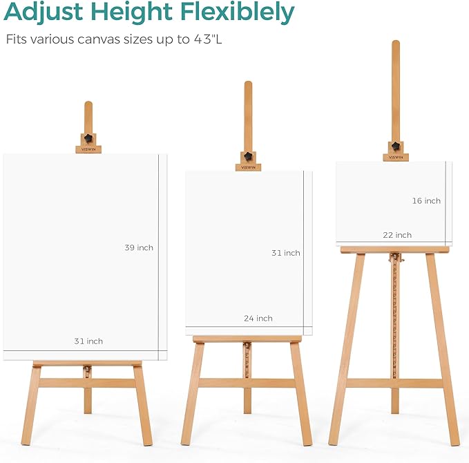 VISWIN Wooden Art Easel for Painting, Adjustable & Foldable Beech Wood Display Easel Stand for Canvas, Hold Canvas up to 43", 57''-76" H Floor Art Easel for Adults, Artists, Beginners - Natural