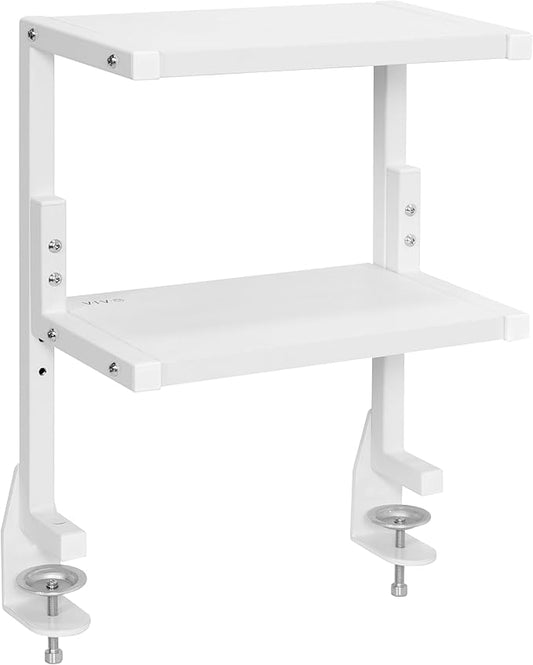VIVO Clamp-on 13 inch Above or Below Desk 2-Tier Shelving Unit for Table Accessories, Gaming Devices, and More, Storage Tray, Desktop Organizer, White, STAND-SHELF2CW