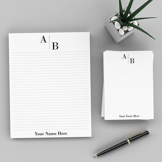 PrintPPS Personalized Monogram Notepads with your 2 Initials Diagonally - 2 Pack Gift Set of 5 x 7 @ 50 Sheets Per Pad - Optional Ruled Lines - Custom Stationery For To Do Checklists, and Gifts