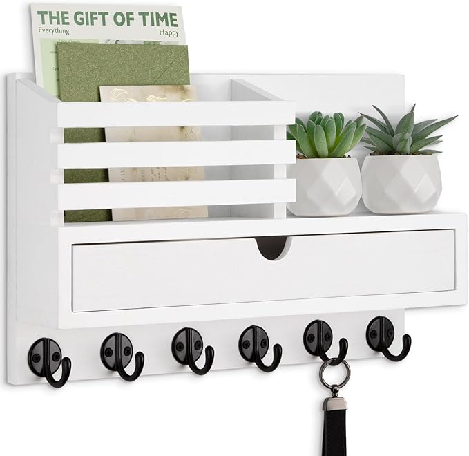 Lucundm Key Holder Wall Mount, Mail Holder with Storage Drawer and 6 Key Hooks for Coat, Dog Leash, Home Decor Rack, House Accessories, Entry Way Organizer