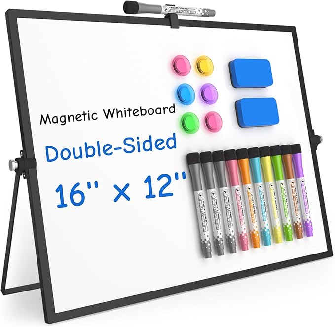 Grtard Dry Erase Magnetic White Board, 16''x12'' Double-Sided Desktop Whiteboard with Stand, Portable Small Whiteboard Set, Dry Erase Board for to-Do Lists, Drawing, Office, Home(Black)