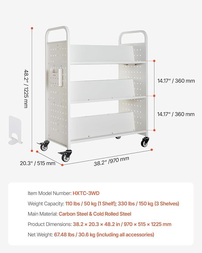VEVOR Rolling Library Book Cart, 330 lbs Capacity, 38.2 x 20.3 x 48.2-Inch Library Cart, Double Sided W-Shaped Shelves with 3-Inch Lockable Wheels, Book Truck for Home Shelves Office and School, White