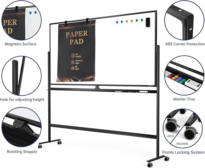 Large Dry-Erase Rolling Magnetic Whiteboard - 70 x 36 Inches White Board Height Adjust Double Sides Mobile Portable Easel on Wheels, Dry Erase Board with Stand for Office, Home & Classroom