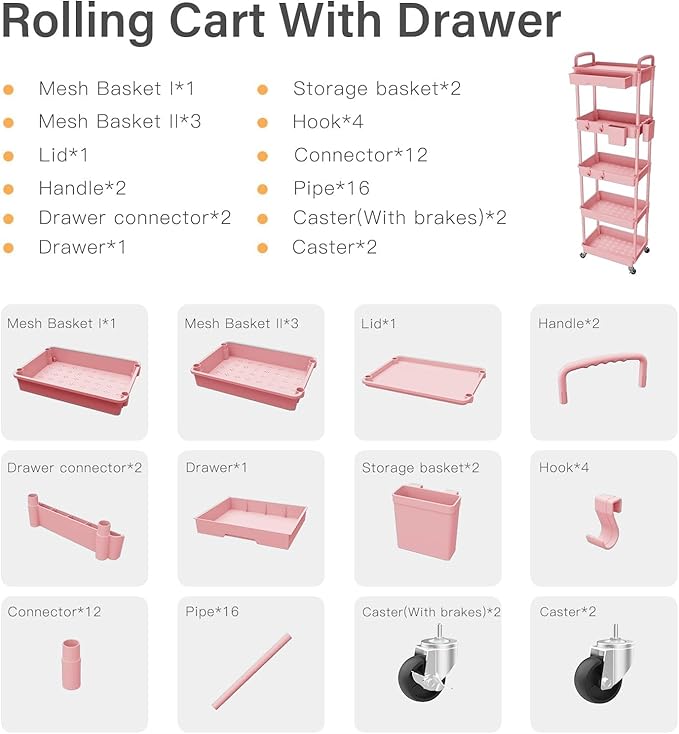 Sorgion 5 Tier Rolling Cart Organizer,Bathroom Cart Organizers with Wheels Laundry Room Organization Mobile Shelving Unit Utility Cart Storage Shelves Multi-Functional for Office, Home(Pink)