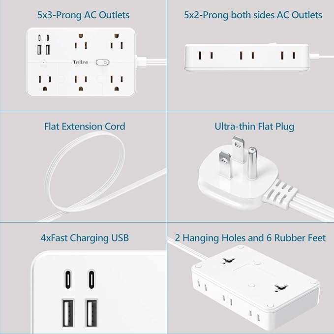 Surge Protector Power Strip 1 FT Flat Extension Cord ，10 AC Outlets & 4 USB Ports(5V/3.4A 17W), 1080J ，Wall Mountable Desktop Charging Station with Flat Plug for Office Supplies and Home, White