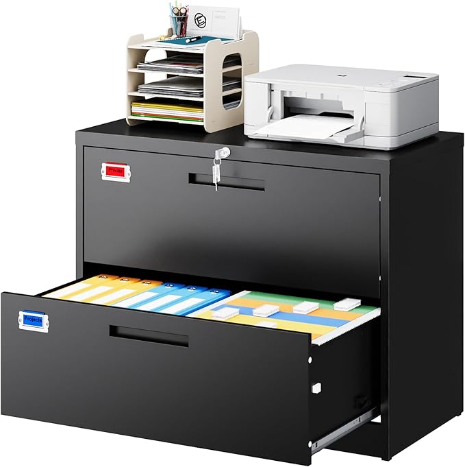 PEUKC 2 Drawer File Cabinet, Lateral Filing Cabinets for Home Office, Office Storage Drawers with Lock, Hanging Files Legal/Letter A4 Size (Assemble Required,Black)