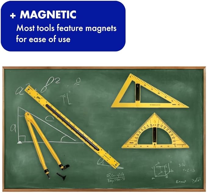 Helix - Magnetic Classroom Whiteboard Geometry 4 Piece Set - Compass - 2 Triangles - Ruler - Protractor