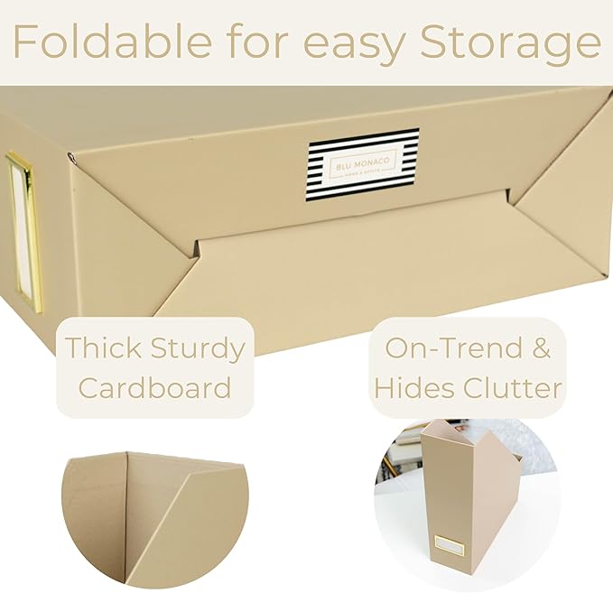 BLU MONACO | Set of 6 Foldable Taupe Magazine File Holders with Label Holders | Vertical File Organizer & File Storage Boxes for Desk, Shelves & Home Office