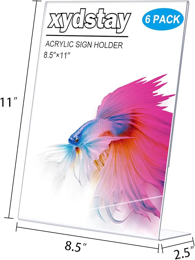 xydstay 6pack 8.5x11 Acrylic, L Shape Clear Plastic, Menu Holder, Unbreakable Table sign holder for Restaurant, Office, School, Store and Home Use
