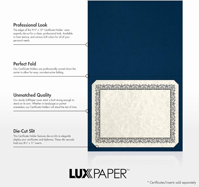 LUXPaper 9.5" x 12" Certificate Holders | Nautical Blue Linen | 100lb. Cover | 25 Qty