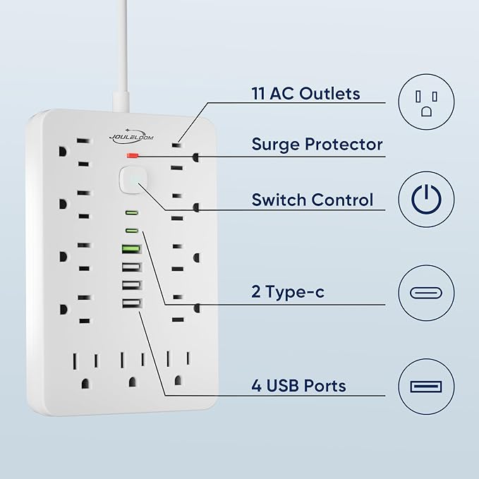 JouleLoom 6 FT Flat Plug Surge Protector Power Strip,11 Multiple AC Outlets with 6 USB Ports (2 USB C), 6 Feet Extension Cord, 1250W/10A, One Touch Switch Button, 17 in 1 Compact powerstrip-White