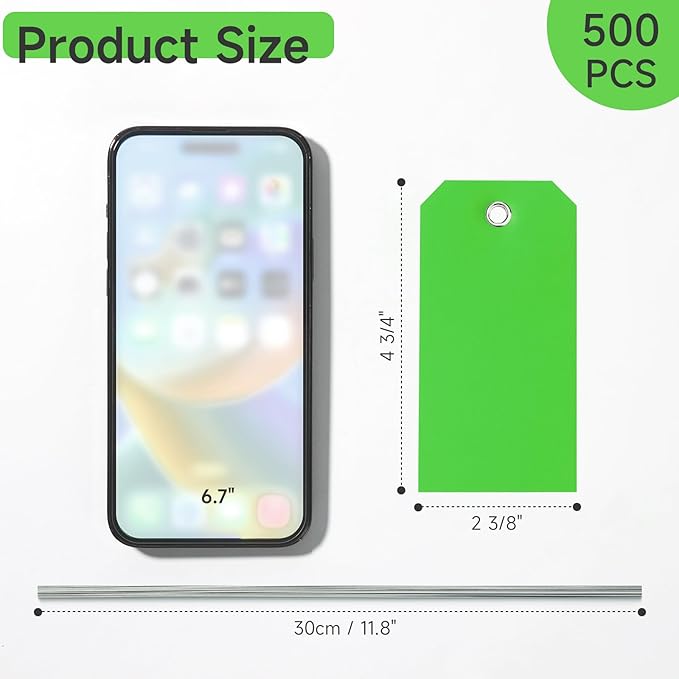 500 Pieces Plastic Shipping Tags with Wire Waterproof Hang Tags Heavy Duty Labeling Tags with String Wires Tags Labels Labeling Tags Stacking Tags for Equipment Car Parts (Green, 4 3/4 x 2 3/8)